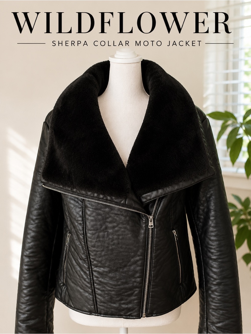 Wildflowers Black Sherpa-Lined Moto Jacket